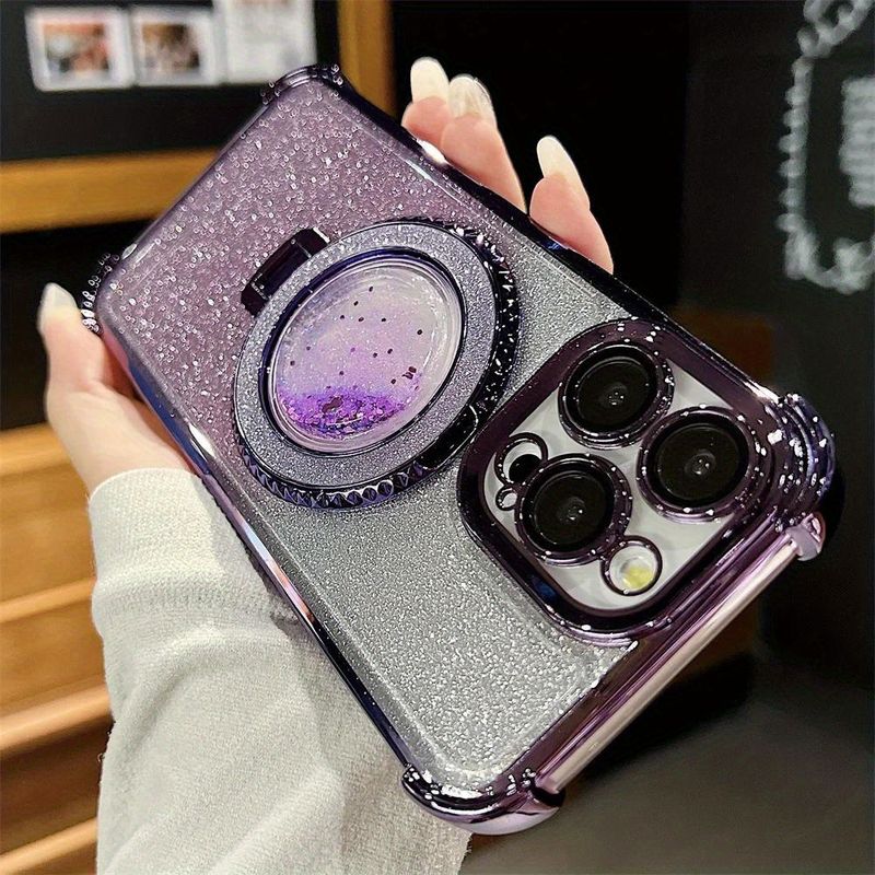 Magnetic Ring Holder Stand for iPhone 15ProMax, 15, 14, 13, 12, 11 Pro Max Plus, Shockproof TPU Protective Cover with Floating Glitter_voghion.com