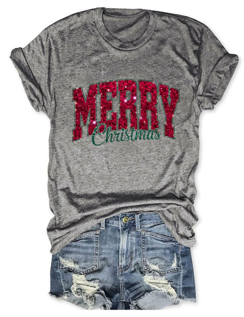 Casual Versatile Women's Merry Christmas Round Neck Short Sleeve T-Shirt Base Shirt_voghion.com