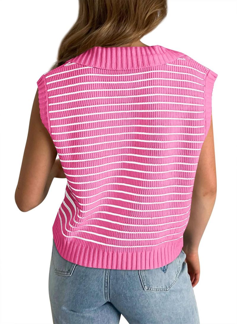 Maglia a righe con scollo a V da donna - Maglione pullover a maniche corte in stile francese, vestibilità ampia - T-shirt casual leggera in misto rayon_voghion.com