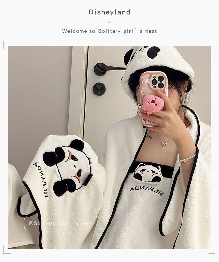 Panda Schnelltrocknendes Haarhandtuch Dreiteiliges Set Neue Duschhaube aus Korallenvlies Baderock Bademantel Tragbarer Wickelbarer Erwachsener_voghion.com