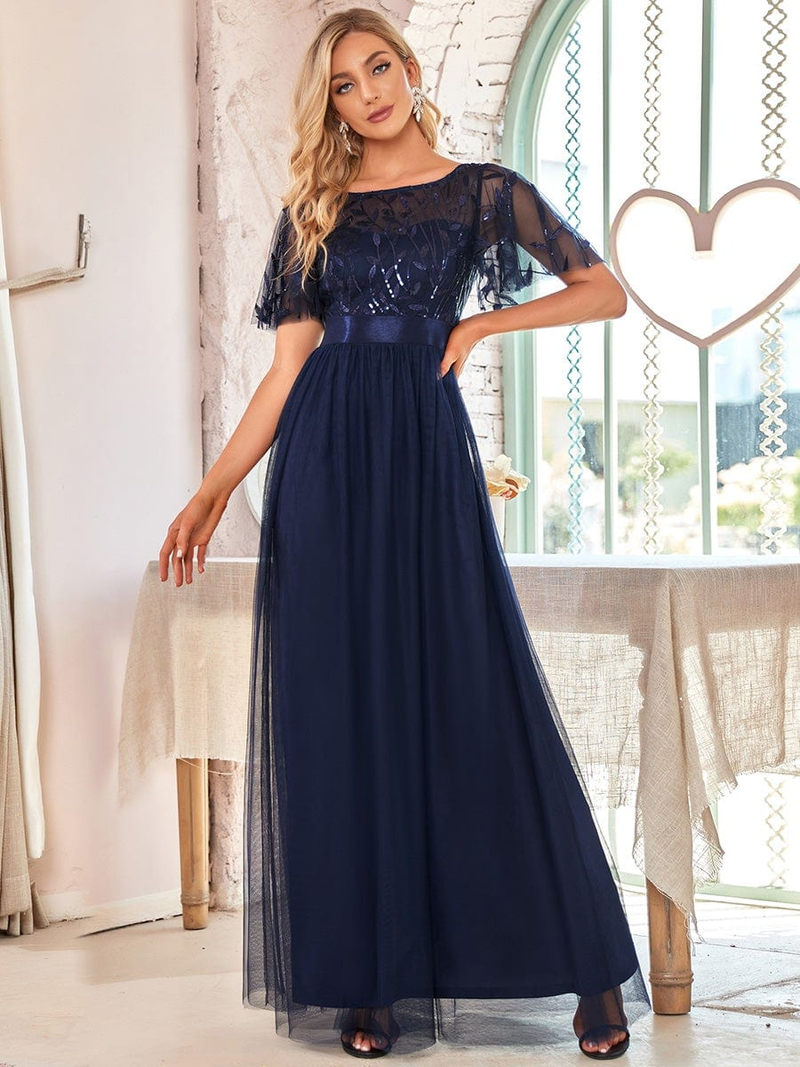 Robe De Soiree Bleščeče večerne obleke, dolge, a-kroja, O-izrez, formalne obleke s kratkimi rokavi, ženske, elegantne obleke, vestido iz tila z bleščicami_voghion.com