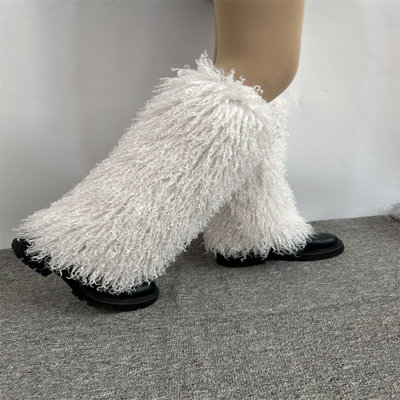 Botas de nieve de lana rizada con patas peludas de oveja Tang 2025d, calcetines de felpa de tubo para otoño e invierno, bonitos y holgados, resistentes al frío._voghion.com