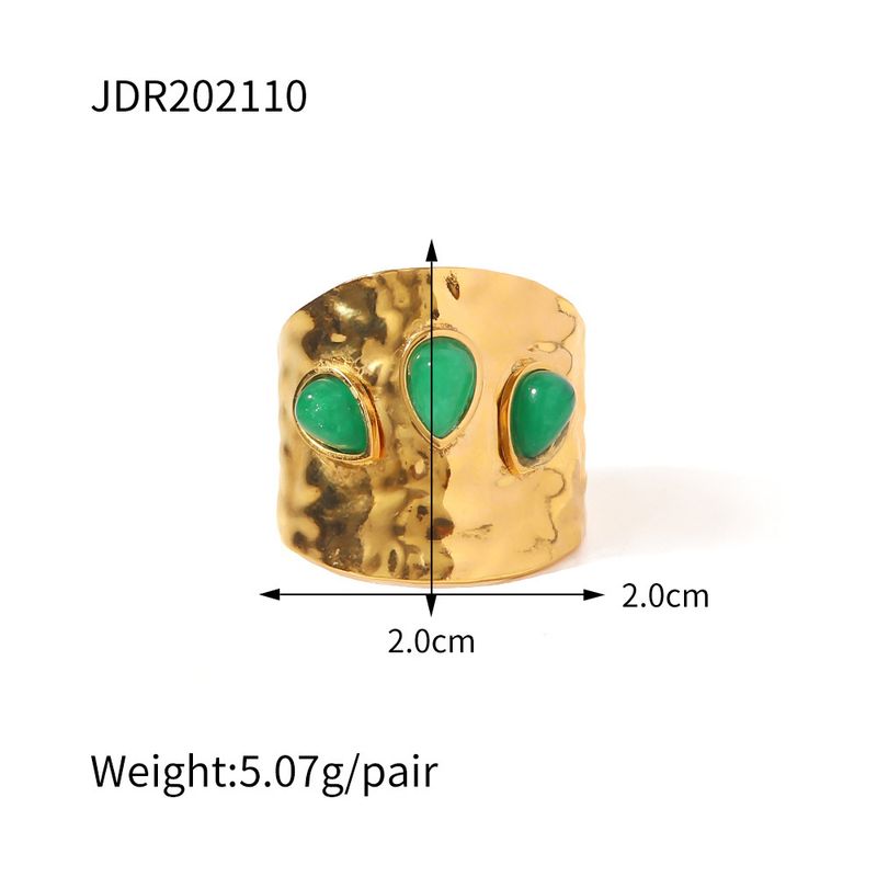 Instagram French niche design titanium with three irregular green natural stones exaggerated ring, stainless steel ring_voghion.com