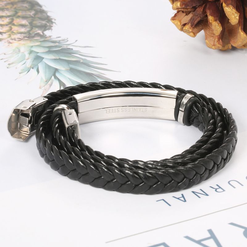 Bracciale da uomo in pelle intrecciata, stile semplice e alla moda, in acciaio al titanio_voghion.com