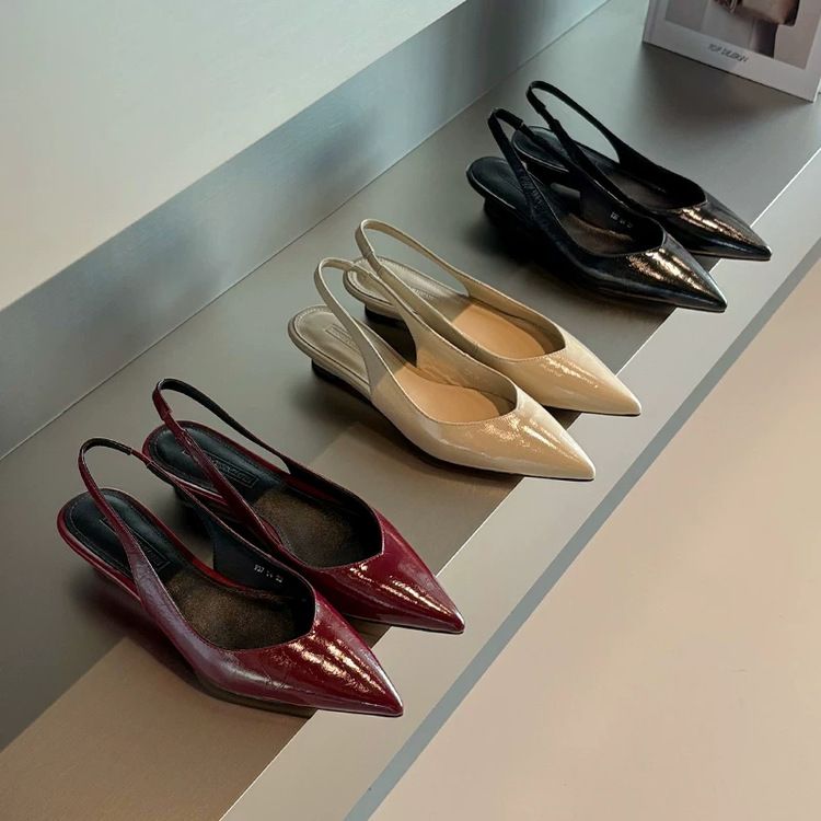 Lancui Nude Wedge Half Slippers For Women Summer Outdoor Patent Leather Chunky Heel Closed Toe Sandals Slim Pointed High_voghion.com