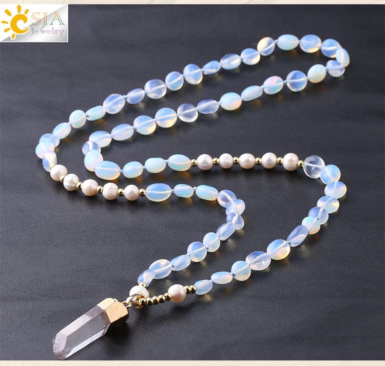 Collana lunga con ciondolo in cristallo bianco naturale placcato oro, quarzo rosa, opale e perle miste_voghion.com