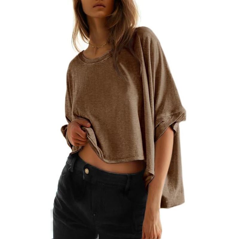 Damen 2025TK Sommer Casual Oversized Bat Misaligned Twisted Kurzarm T-Shirt für Damen_voghion.com