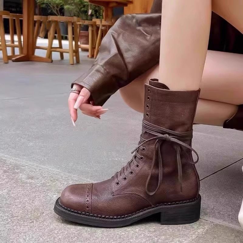 Bottes Martin en cuir véritable pour femme, style Mom, style automne-hiver, talon épais mi-mollet_voghion.com