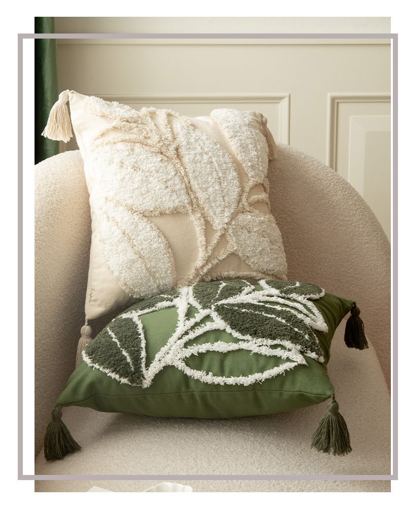 Federa per cuscino con motivo a foglie nordiche - Federa per cuscino in misto lino 45x45 cm per divano/letto (verde/beige) - Opzioni ricamo e pois trapuntati_voghion.com