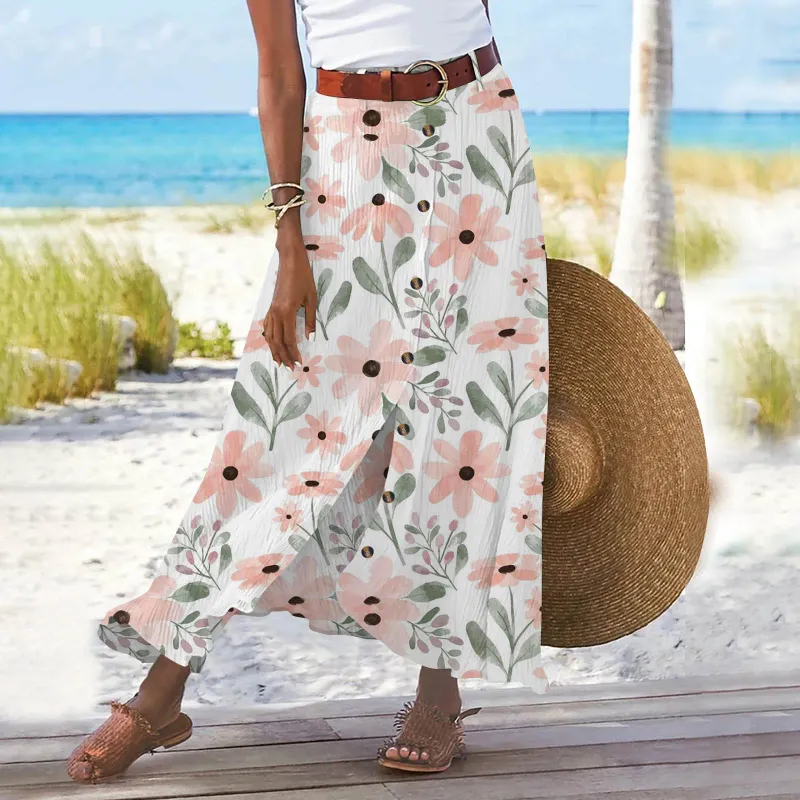 hot selling Women's S-2XL size Cotton and linen cross-border foreign trade split A-line bag buttocks mid waist long skirt_voghion.com