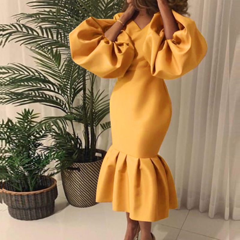 Jõulud Tänupühad Halloween Valentinipäev Ülisuur naiste ühevärviline V-kaelusega mullidega pikkade varrukatega kalasaba seelik Õhtukleit_voghion.com