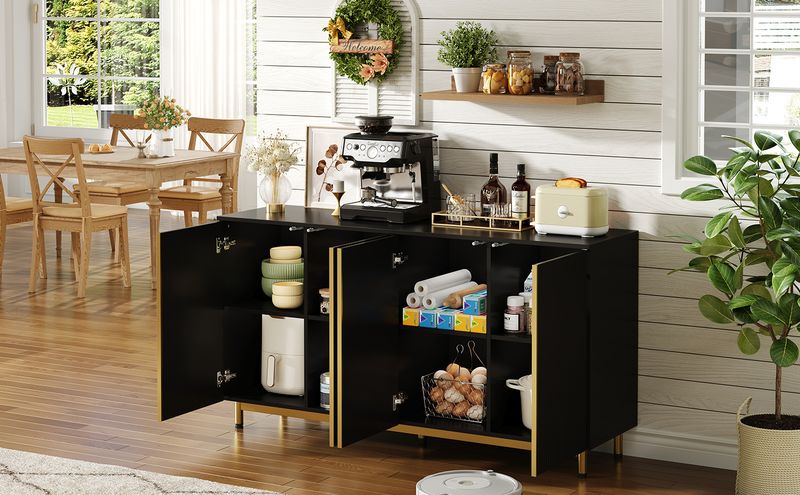 Credenza Schwarz 150cm Mit Wellenförmigen Türen, Verstellbaren Füßen Für Esszimmer_voghion.com