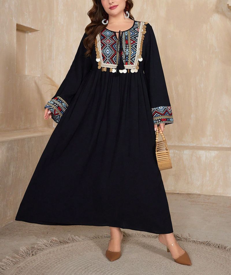 Ethno-besticktes Maxikleid mit Pailletten – Langärmliges A-Linien-Kleid für Damen, Boho-Reisekleid (0XL-4XL, Schwarz)_voghion.com