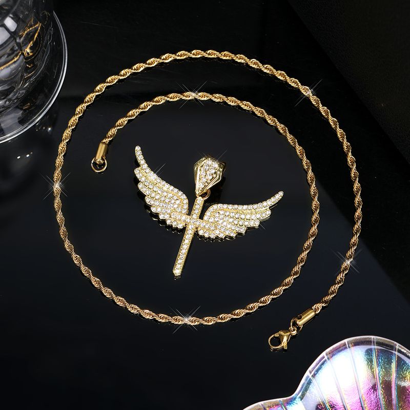 Collana con croce ad ala, in lega di diamanti con strass, catena in acciaio al titanio e personalità alla moda_voghion.com