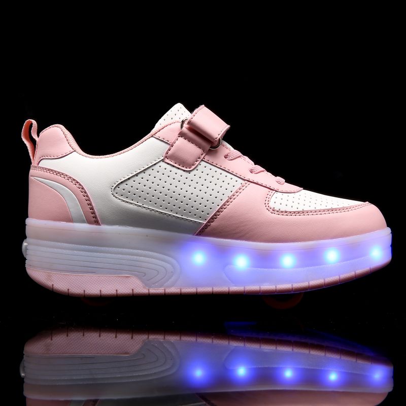 Pantofi sport pentru copii cu două roți, luminoși, strălucitori, cu tocuri, roz, cu role, pentru copii, cu LED-uri, băieți și fete, cu încărcare USB_voghion.com