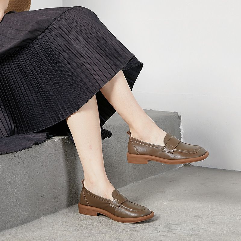 Genuine Leather Loafers For Women British Style Cowhide Slip-On Low Heel Soft Sole Comfortable Commuting Shoes_voghion.com