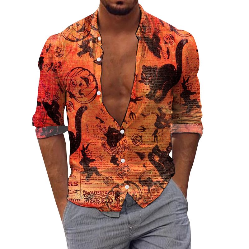 camicia da spiaggia ampia con stampa floreale 3D da uomo a maniche lunghe per Halloween_voghion.com