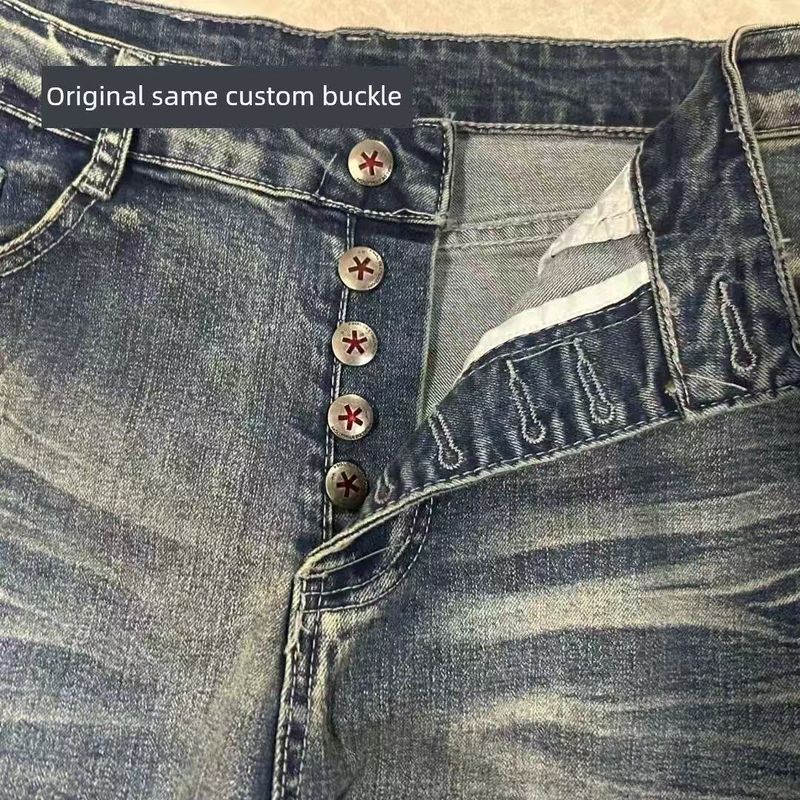 Herrenbekleidung High Street Retro Vintage Buttoned Plissee Scimitar Jeans Herren Straight Slim Casual Pile Pants_voghion.com