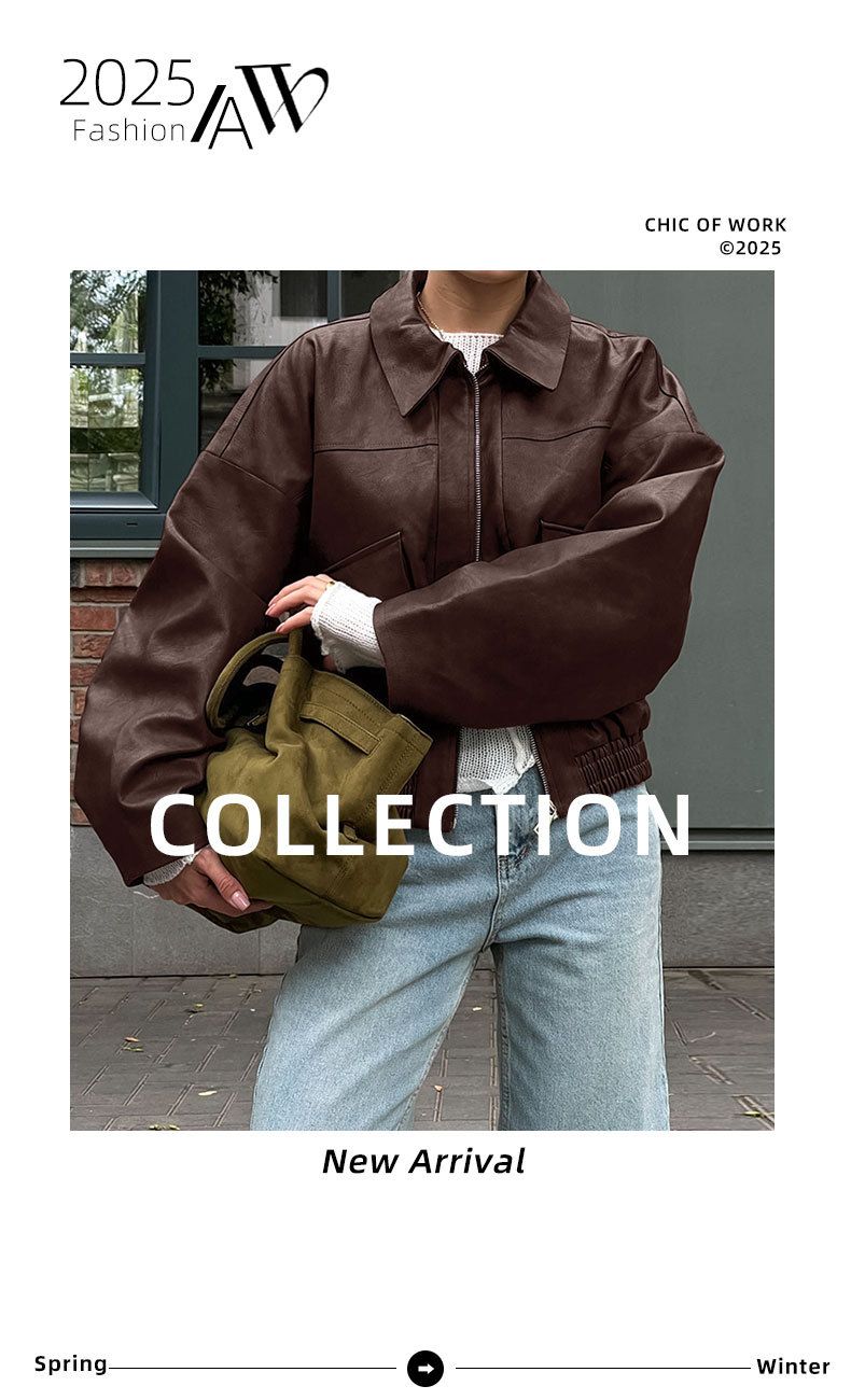 Damenbekleidung Vintage-inspirierte Bomberjacke für Damen – Fliegermantel aus PU-Leder, entspannte Passform, klassisches Braun, Freizeit- und Bürokleidung_voghion.com