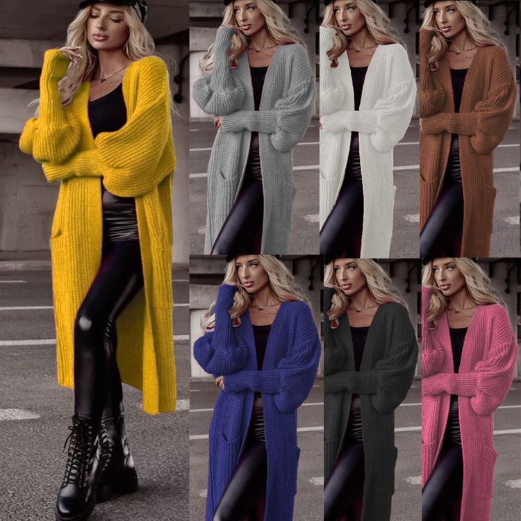 Women's Clothing Long Sleeve Batwing Pocket Cardigan Sweater - Oversized V-Neck Open Front Knit Coat In Soft Acrylic, Elegant Longline Design_voghion.com