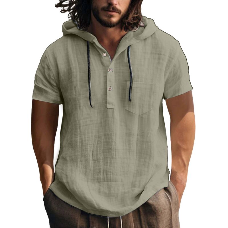 Felpa con cappuccio in cotone e lino, nuova 2025, a maniche corte, con cappuccio, primavera estate, casual, da uomo, da spiaggia_voghion.com