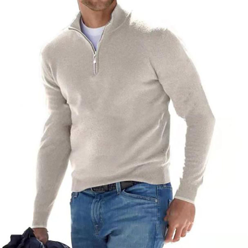 Neue Frühjahrssaison Langarm V-Ausschnitt Wolle Samt Reißverschluss Herren Casual Top Polo_voghion.com