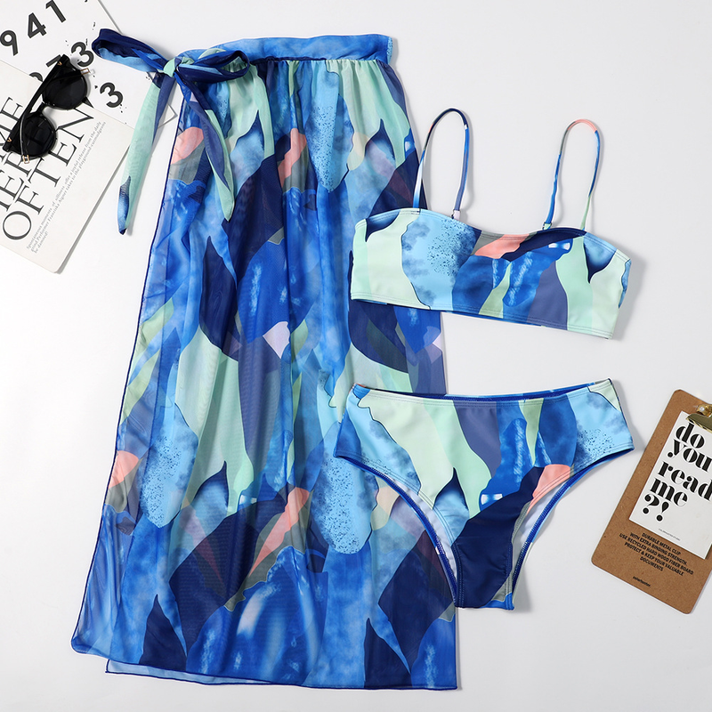 Traje de baño para mujer Top up, malla, conjunto de bikini triangular de tres piezas para mujer, nuevo traje de baño dividido sexy estampado_voghion.com
