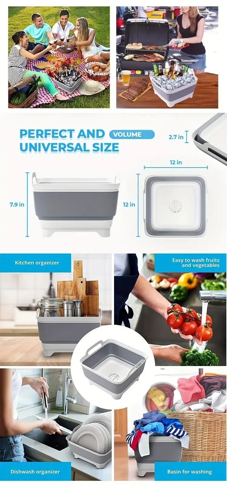 Silicone Collapsible Bucket With Drain Plug 1pc Portable Folding Basin For Camping Fishing Picnics Large Capacity Easy Storage_voghion.com