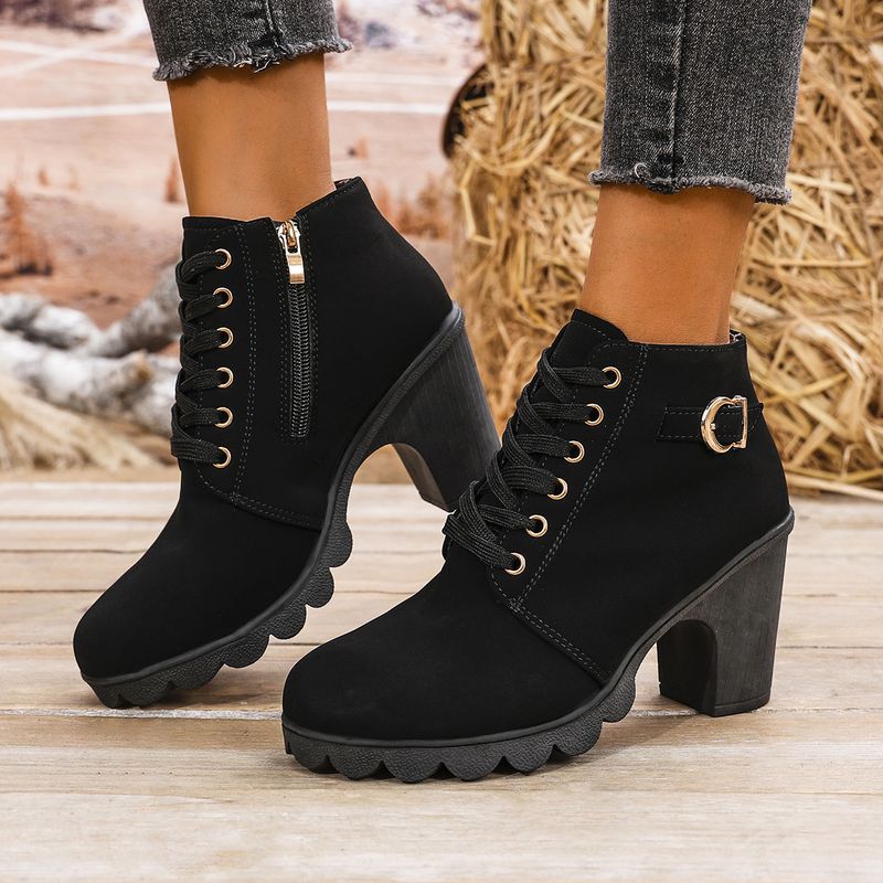 Autumn New Coarse High Heel Casual Women s Belt Buckle Decorative Short Round Head Martin Boots_voghion.com