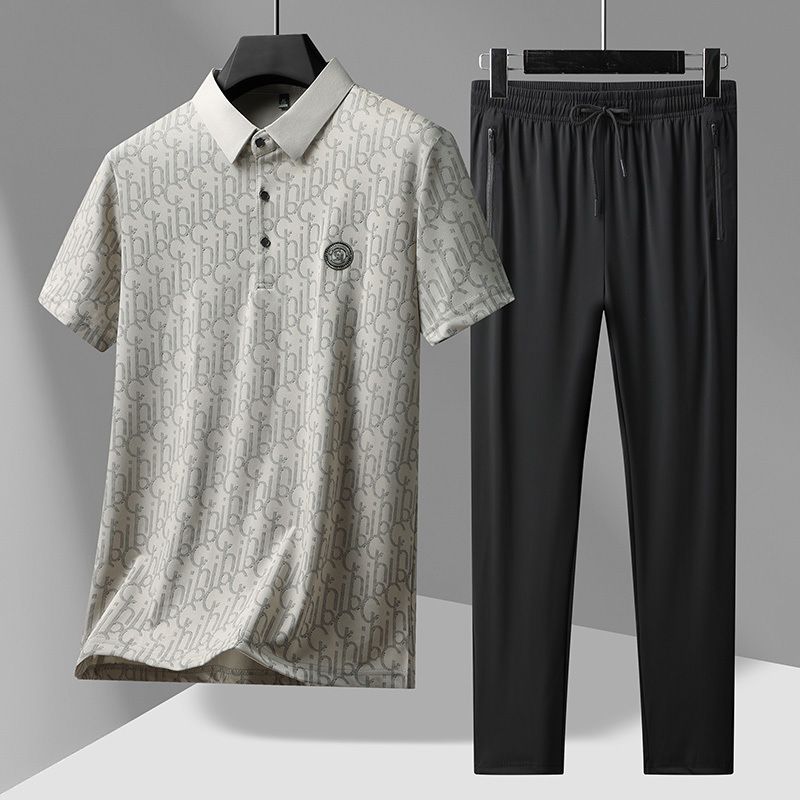 Unbeatable Quality Dad Dress Set 2024 New Short Sleeved T-shirt Middle Aged And Elderly Men's Summer Ice Silk Long Pants_voghion.com