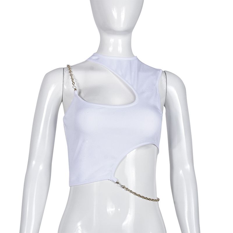 2023 Women's New Solid Color Sexy Hollow Metal Chain One Shoulder Open Navel Top 9243TD_voghion.com