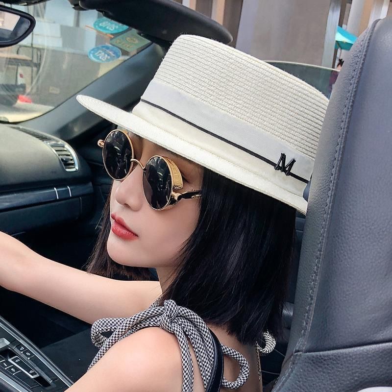 Pdmcms platt topp vävd hatt för kvinnor sommar strandsemester solskydd och skuggning strandsolhatt brittisk trendig mångsidig hög hatt_voghion.com