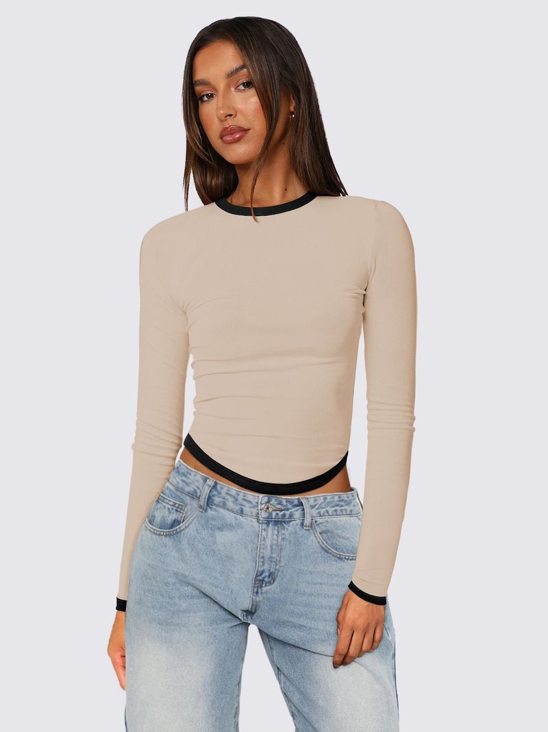 Blusa feminina primavera verão 2025, manga comprida, gola redonda, slim fit, bloco de cores_voghion.com