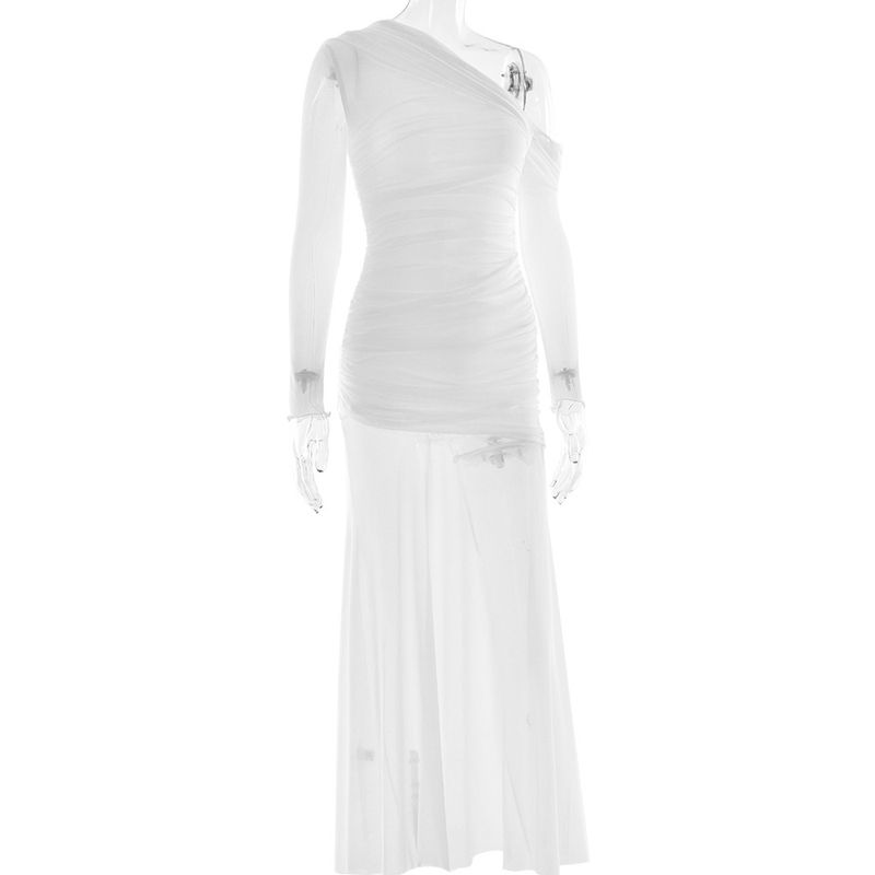 Abito lungo con volant in rete e spalle scoperte – Elegante abito aderente a maniche lunghe con pannelli trasparenti (S/M/L) – Trendy e femminile_voghion.com