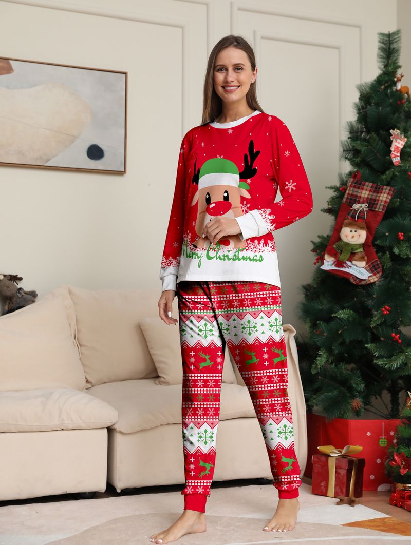 Christmas Red Parent Child Outfit Independent Station New Fat Deer Head Cartoon Suit Holiday Pajamas Home Clothes_voghion.com