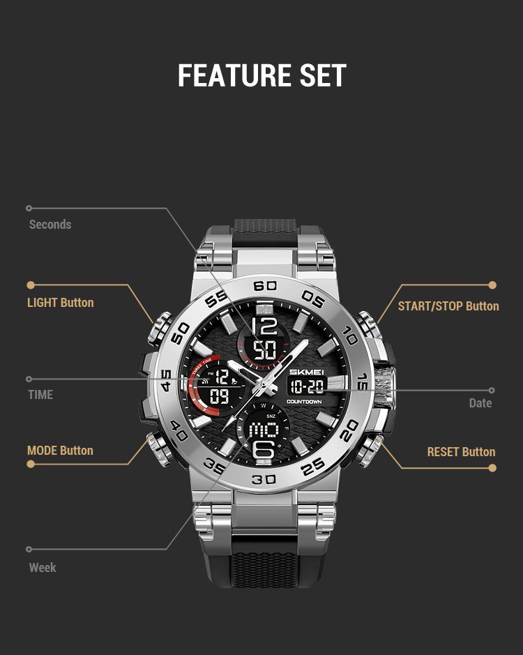 SKMEI Fashion Sport Double Display Digital Electronic Watch LED Light Quartz Watches For Men Waterproof Alarm Clock Wristwatches_voghion.com
