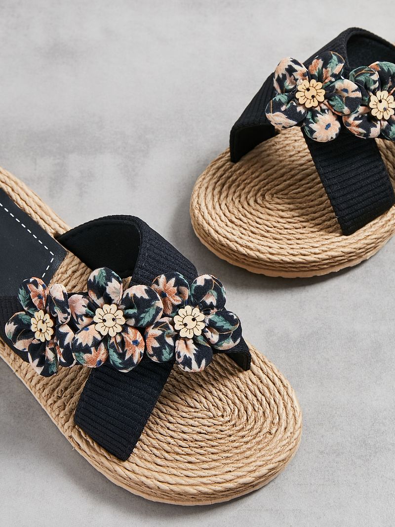 Scarpe da donna, nuove pantofole estive da donna, con una sola linea, con fondo in corda, tinta unita, tendenza moda, per interni ed esterni, con sei piccoli fiori._voghion.com