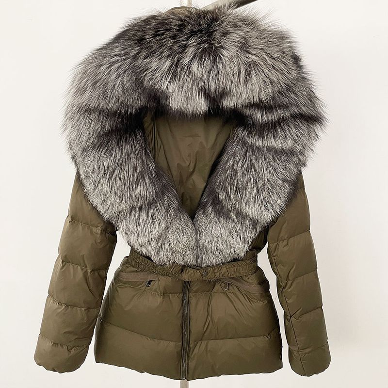 Luxury Faux Fur Trim Hooded Down Jacket For Women, Slim Fit Waist Belt, Warm Winter Coat With Detachable Fox Fur Collar, Polyester Shell_voghion.com