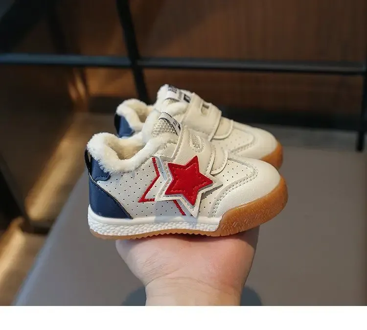 Scarpe da ginnastica invernali per bambini, calde, casual, con stelle, in PU, con gancio e passante, bianche, morbide e antiscivolo, per bambini piccoli, sportive_voghion.com