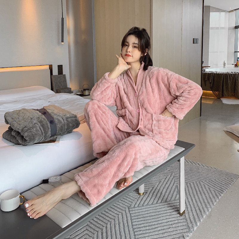 Flannel women's autumn and winter pajamas with thick flannel, double long two-piece set, wind-driven warm home clothes_voghion.com