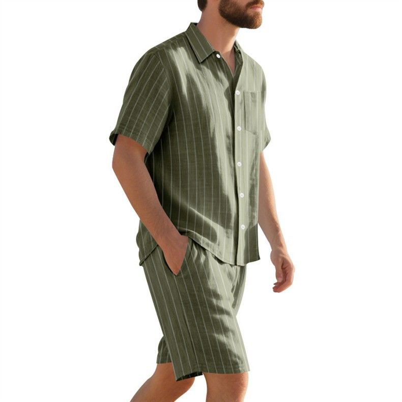 Vêtements pour hommes, costume d'été en lin pour hommes, chemise ample à manches courtes à rayures, short de plage, costume deux pièces_voghion.com