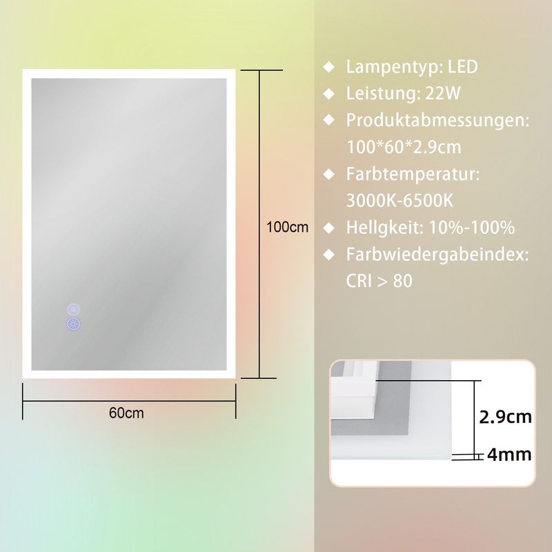 Glitzerlife Badspiegel Mit Beleuchtung -LED Wandspiegel Rund 100X60cm Badezimmerspiegel Mit Touch-Schalter Und Entfogger-Funktion Lichtspiegel Dimmbar 3000K-6500K_voghion.com