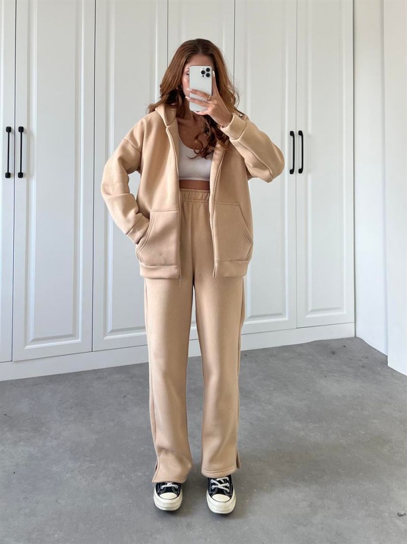Lässiges Damen-Set aus Kapuzenpullover und Hose mit Reißverschluss – einfarbiges, langärmliges Lounge-Outfit für den Alltag_voghion.com