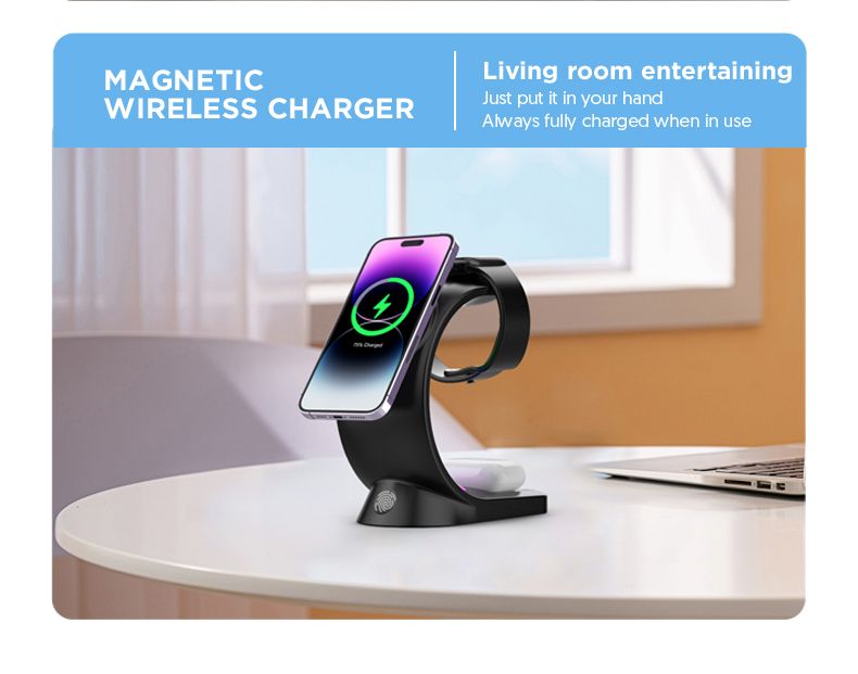 3 an 1 Magnéitescht Kabellos Ladegerät Schnellladung Fir Smartphone Atmosphär Liicht Ladegerät Fir Airpods Pro iPhone Auer_voghion.com