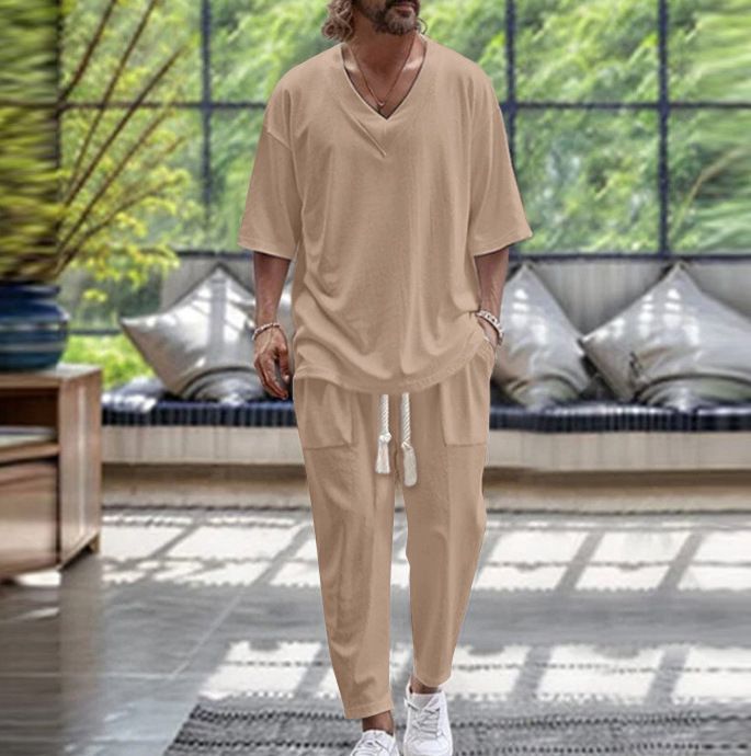 Men's Clothing Cotton And Linen V Neck T Shirt Casual Short Sleeved Trousers Beach Suit_voghion.com