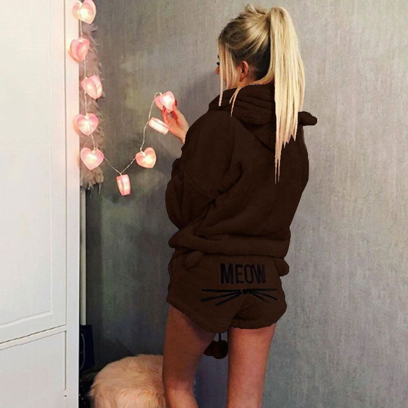 Damenbekleidung, Kleidung, Katze, bestickt, Pyjama, Kapuze, Freizeitanzug, zweiteiliges Set_voghion.com