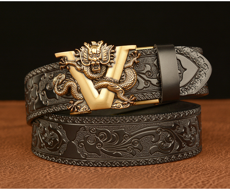 Rindsleder-Gürtel für Herren, Drache, Retro-Automatikschnalle, echtes Leder, geschnitzt, für Herren, lässige Jeans, Marken von Ceinture Designer_voghion.com