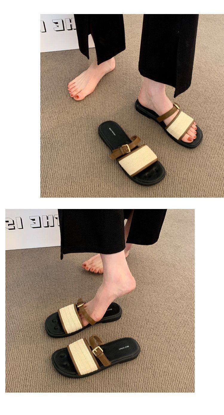Stomp Feeling Soft Bottom Non-slip Flat Slippers Women's Outer Wear New Retro All-match Casual Beach Shoes_voghion.com