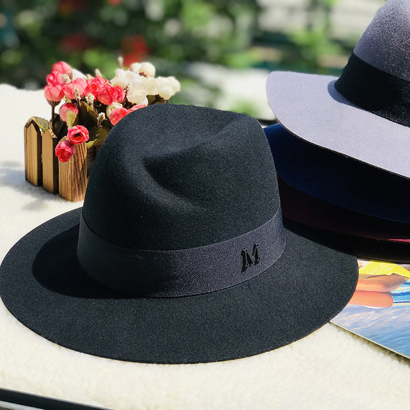 Autumn and winter oblique top hat British pepper letter M wool wide brim hat wool hat_voghion.com