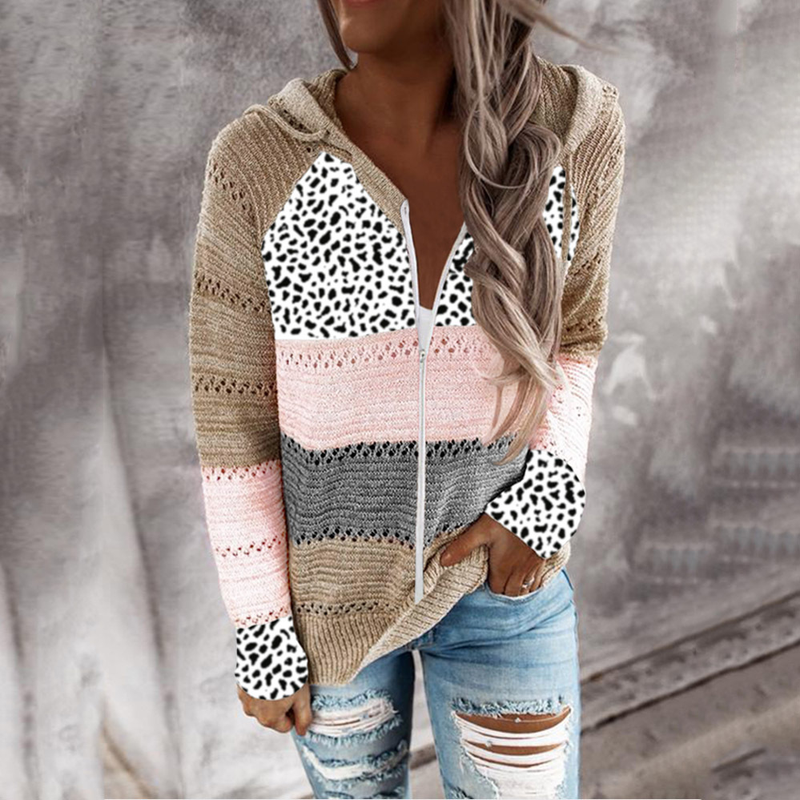 Roupas femininas New Wish Outono e Inverno Listrado Com Capuz Suéter Estampa Leopardo_voghion.com
